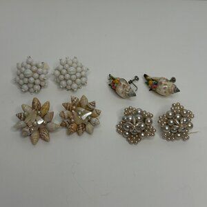 Vintage Beaded & Shell Clip-On Earrings Set of 4  Beach-Themed Jewelry
